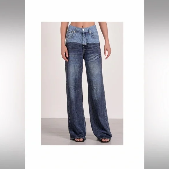Elan Wide Leg Two-Tone Blue Jeans famous SweatJeans!! Most Comfy Ever - Picture 2 of 2